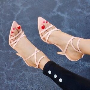 Nude Strappy Open Pointed Toe High Heels for Women Ankle Strap Adjustable Buckle
